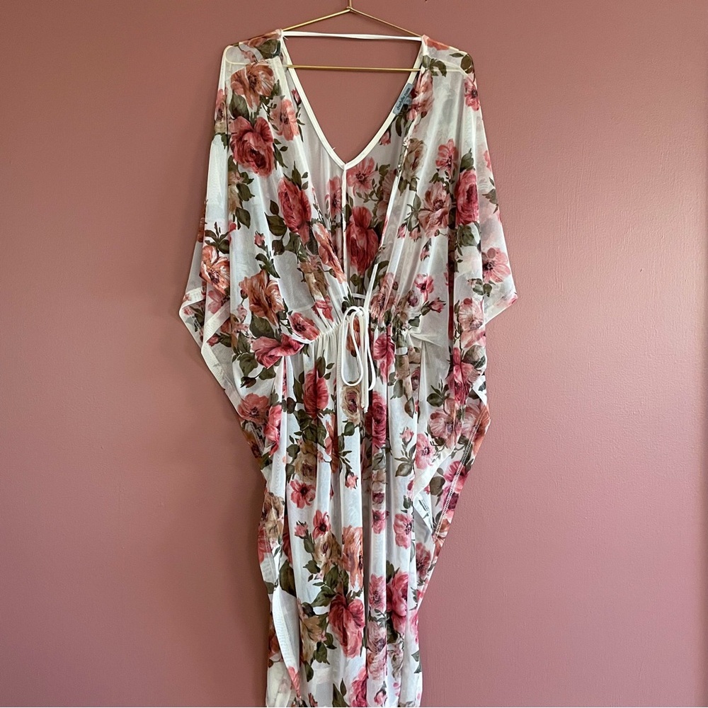 Floral White and Pink Mesh Beach Cover Up Beach Wear